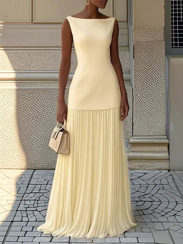 Ava | Elegant Blue Sleeveless Pleated Maxi Dress With Boat Neck