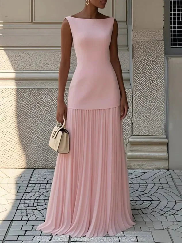 Ava | Elegant Blue Sleeveless Pleated Maxi Dress With Boat Neck