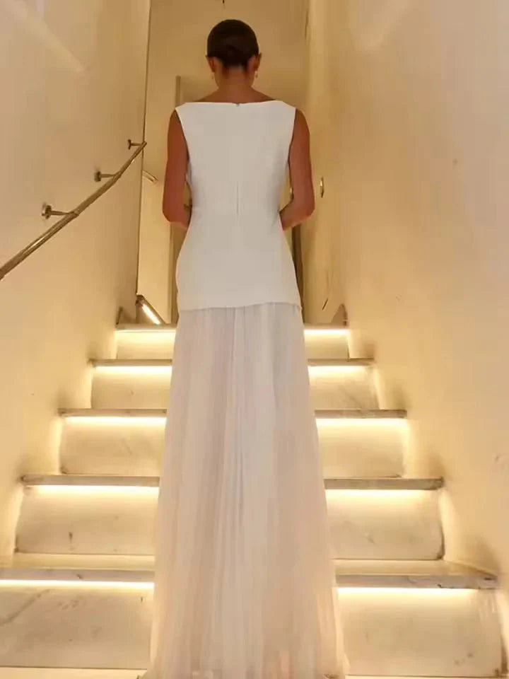 Ava | Elegant Blue Sleeveless Pleated Maxi Dress With Boat Neck