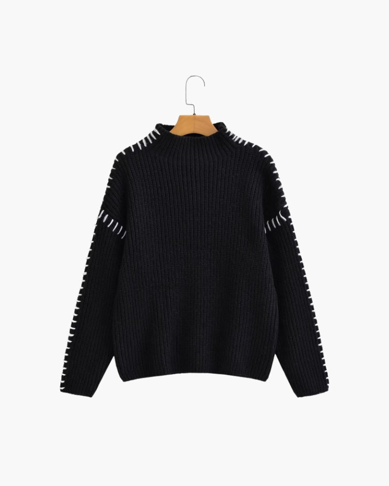 Women's Oversized Knitted Sweater with Contrast Stitch - Black