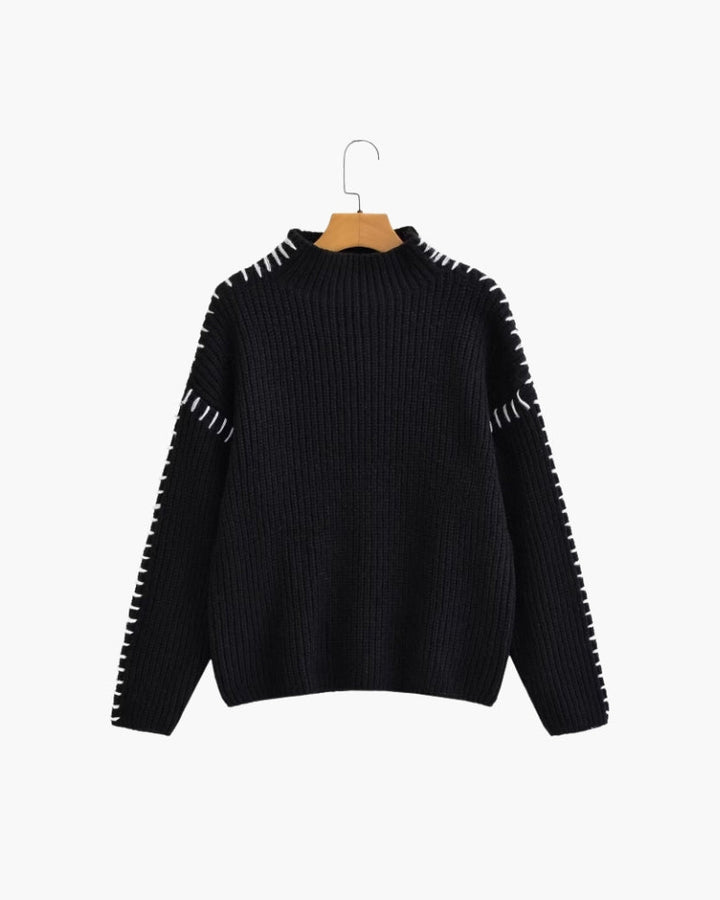 Women's Oversized Knitted Sweater with Contrast Stitch - Black