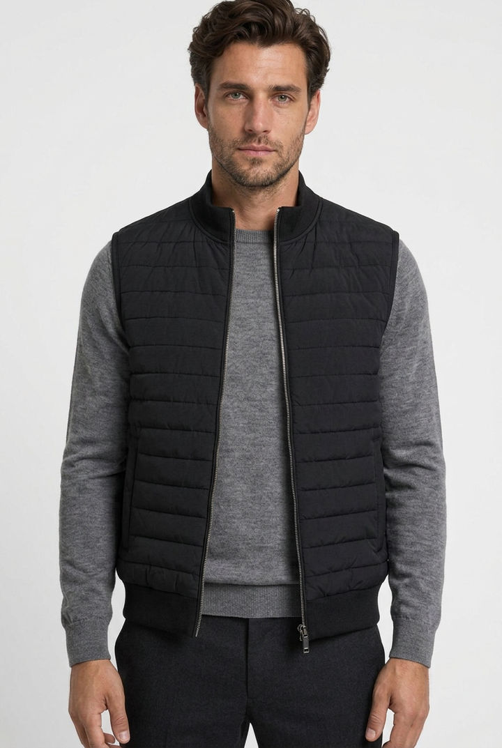 Men's Quilted Gilet with Ribbed Stand Collar - Black