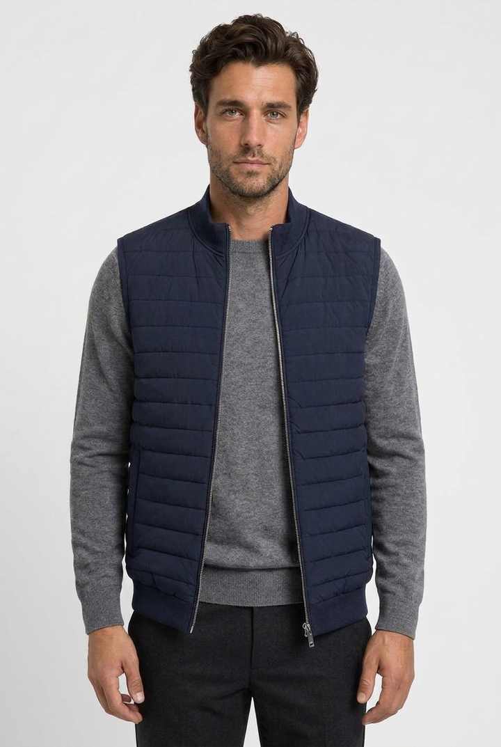 Men's Quilted Gilet with Ribbed Stand Collar - Navy