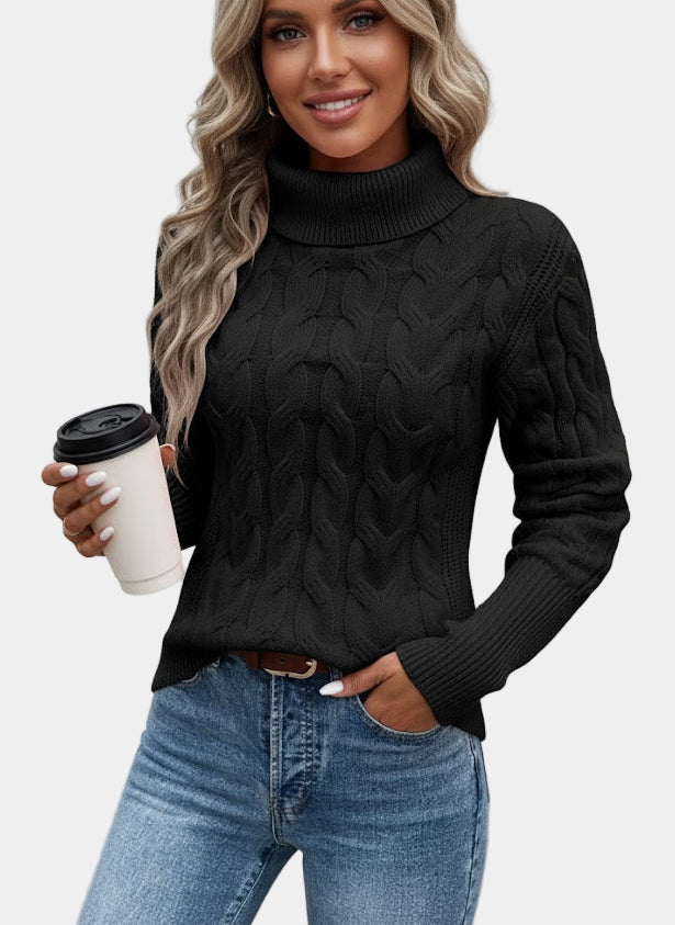 Women's Cable Knit Jumper with High Roll Neck