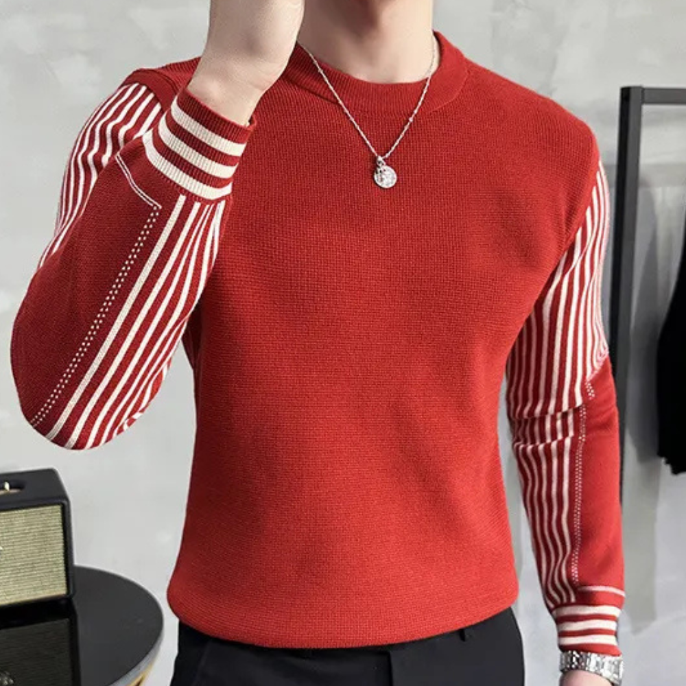 Men's Relaxed Jumper with Striped Sleeves and Crew Neck - photo 1