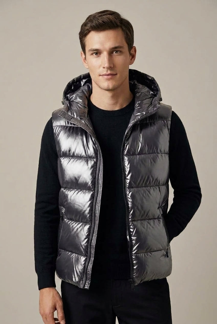 Men's Metallic Padded Hooded Gilet - Grey
