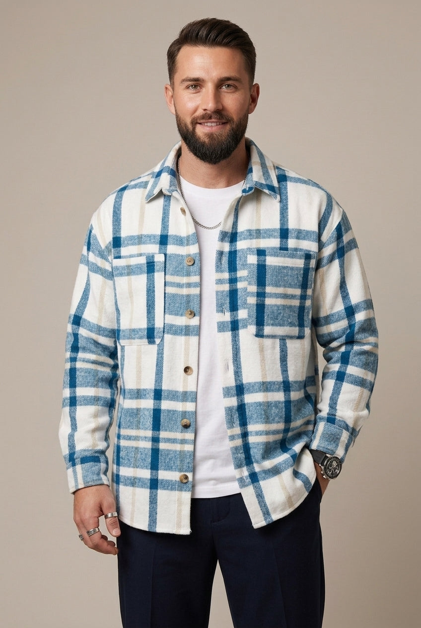 Men's Check Pattern Overshirt with Relaxed Fit and Button Front
