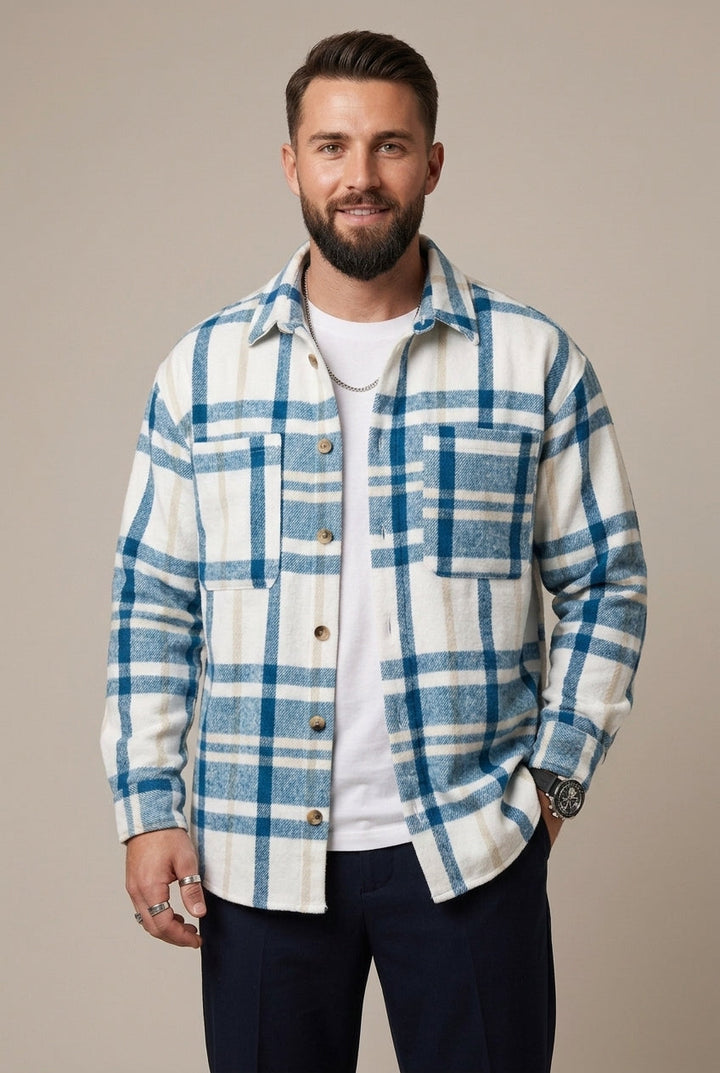 Men's Check Pattern Overshirt with Relaxed Fit and Button Front