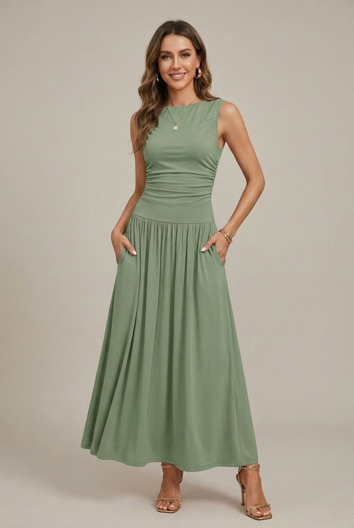 Mila - Women's Boat Neck Ruched Waist Maxi Dress
