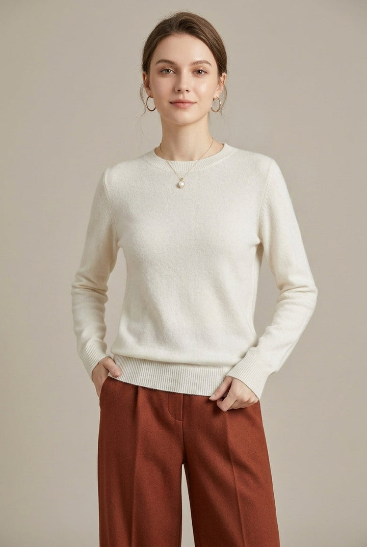 Women's Knit Sweater with Crew Neck and Ribbed Cuffs - White