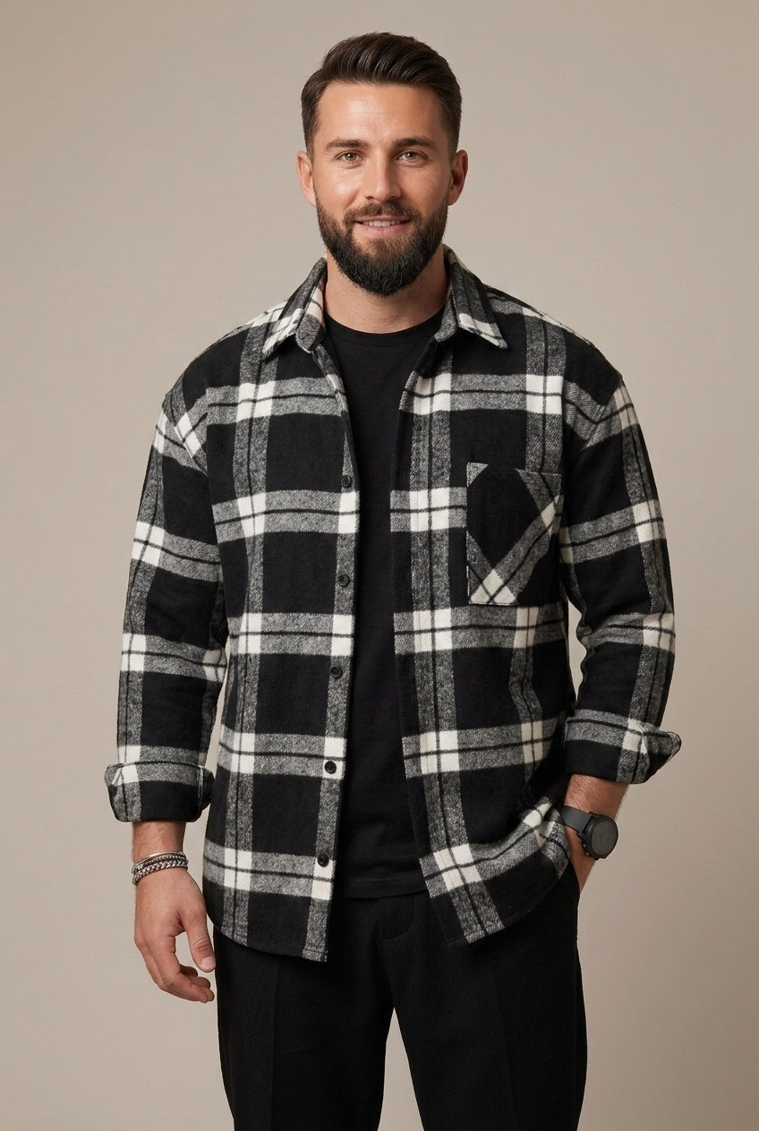 Men's Check Pattern Overshirt with Relaxed Fit and Button Front