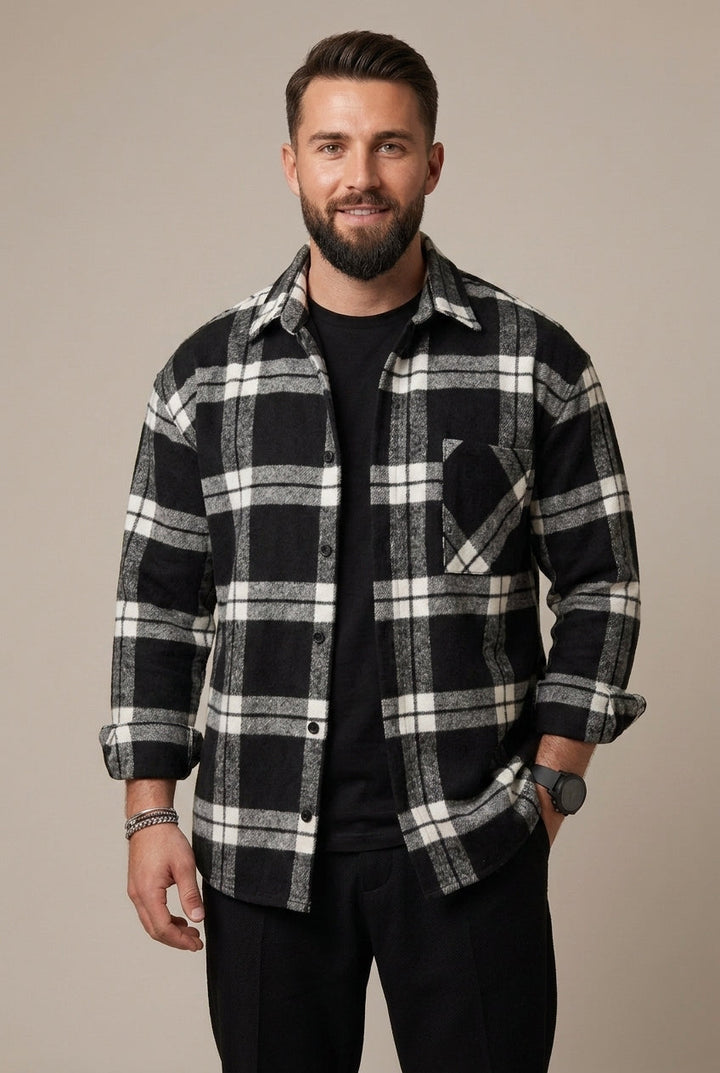 Men's Check Pattern Overshirt with Relaxed Fit and Button Front