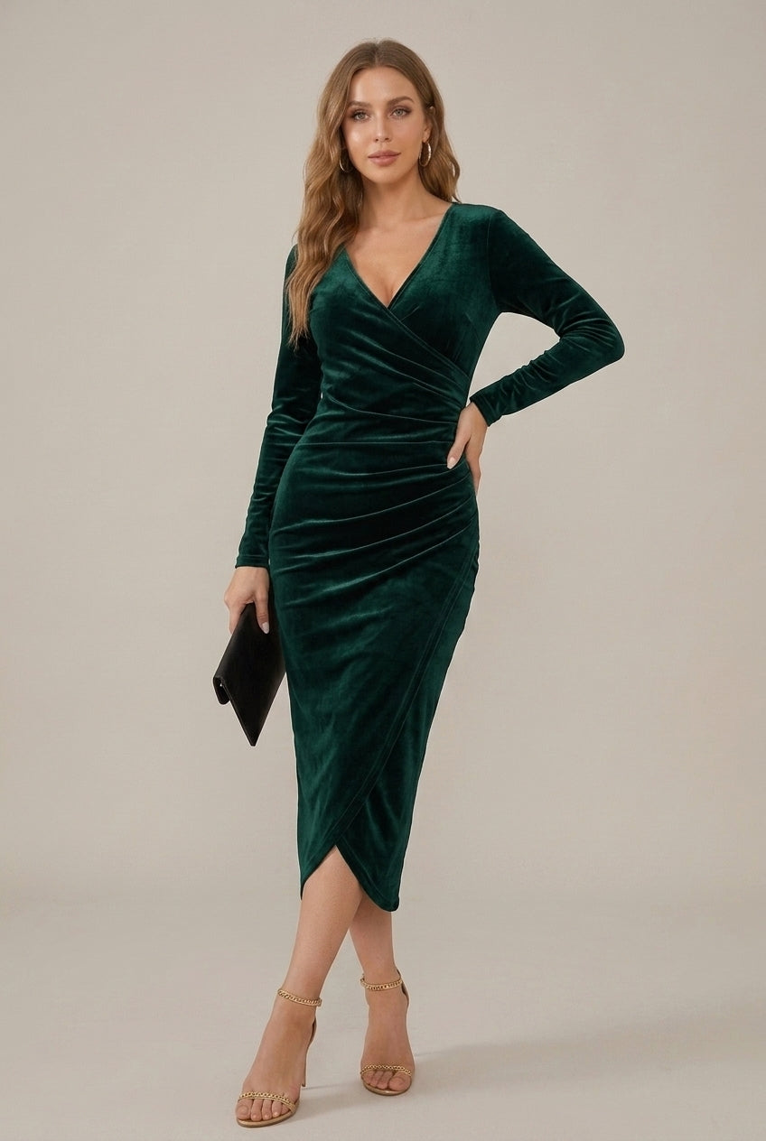 Women's Velvet Wrap V-Neck Sheath Midi Dress with Ruched Waist - Green