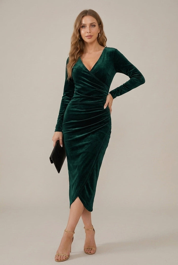 Women's Velvet Wrap V-Neck Sheath Midi Dress with Ruched Waist - Green