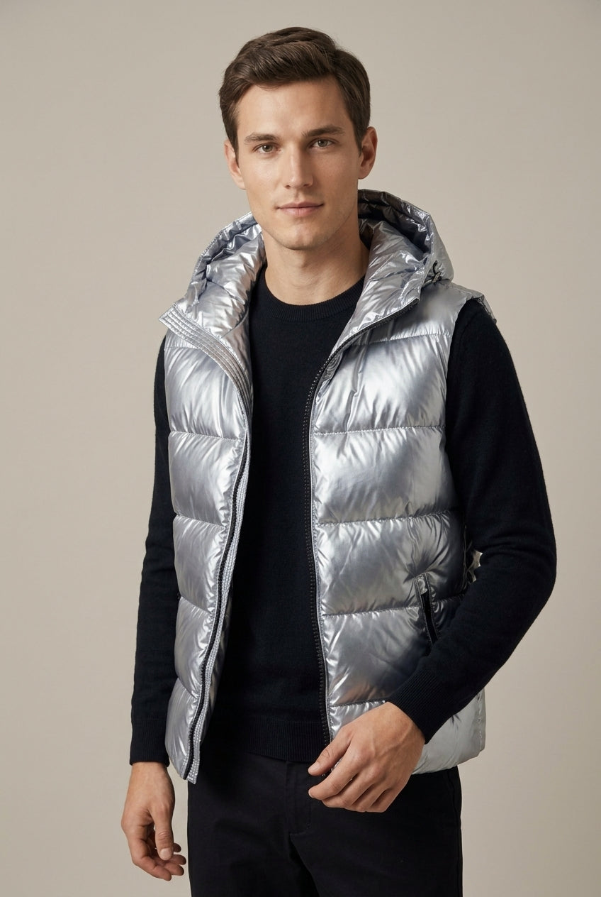 Men's Metallic Padded Hooded Gilet - Light Grey