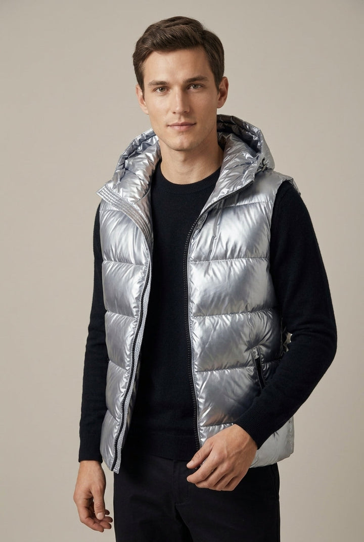 Men's Metallic Padded Hooded Gilet - Light Grey