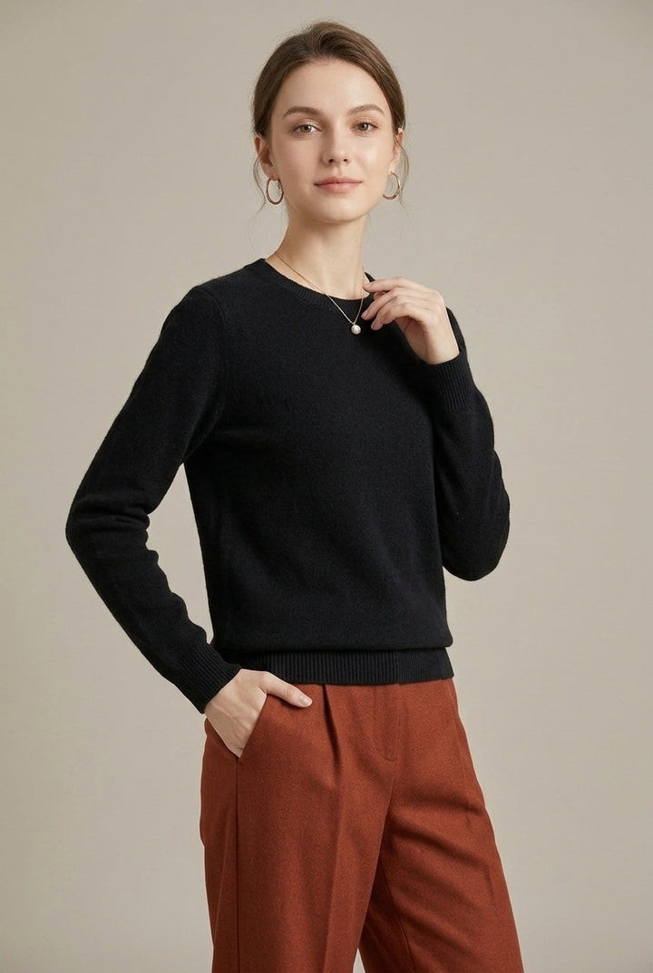 Women's Knit Sweater with Crew Neck and Ribbed Cuffs - Black