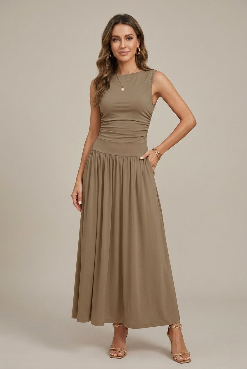 Mila - Women's Boat Neck Ruched Waist Maxi Dress