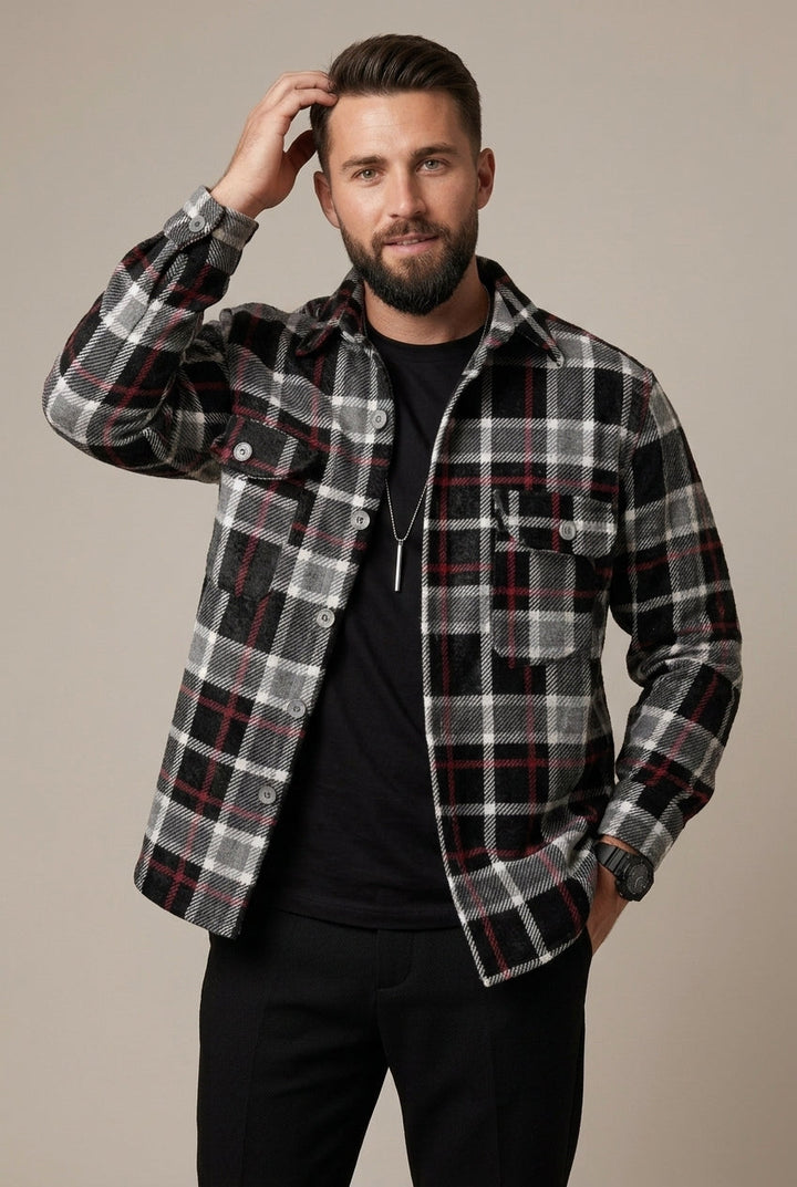 Men's Check Pattern Overshirt with Relaxed Fit and Button Front
