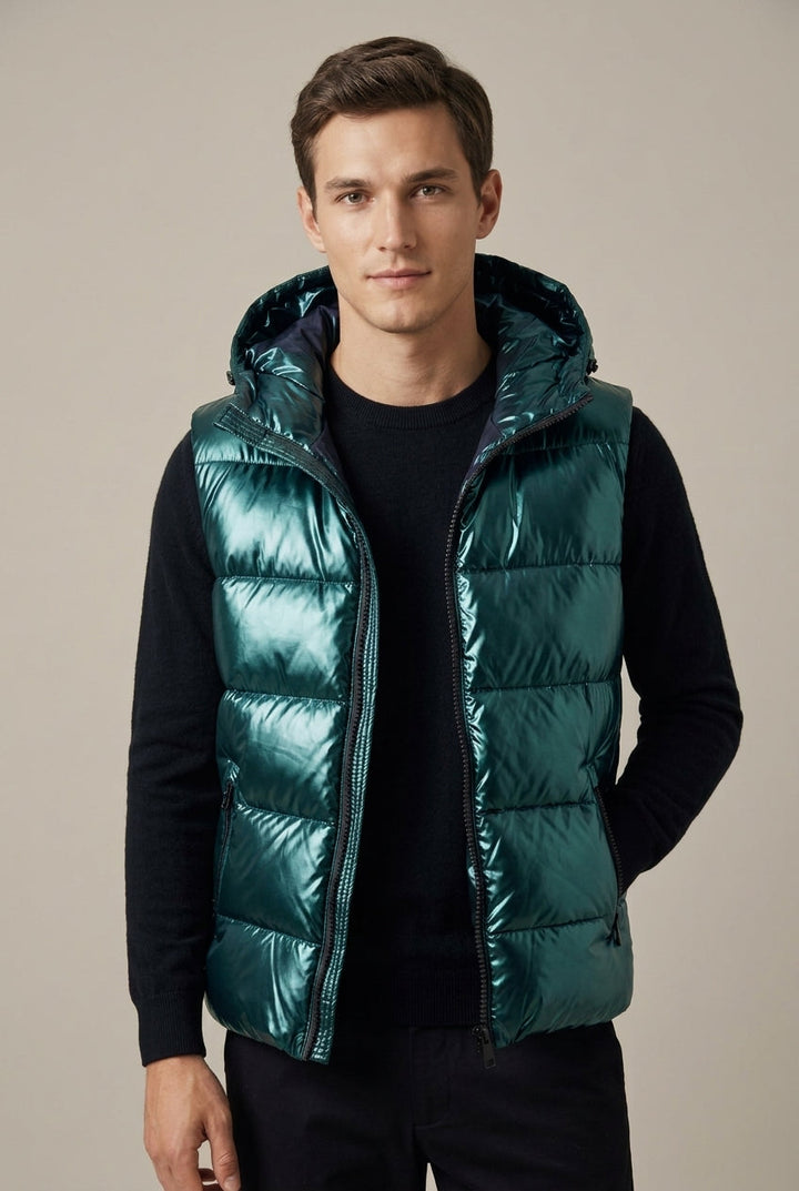Men's Metallic Padded Hooded Gilet - Green
