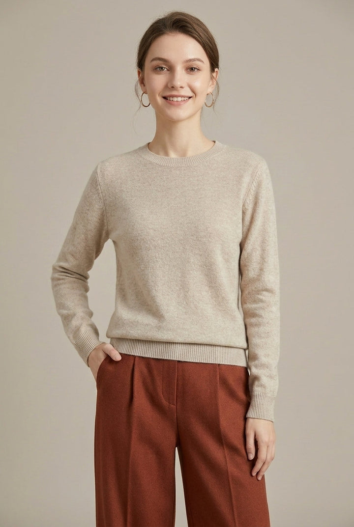 Women's Knit Sweater with Crew Neck and Ribbed Cuffs - Beige
