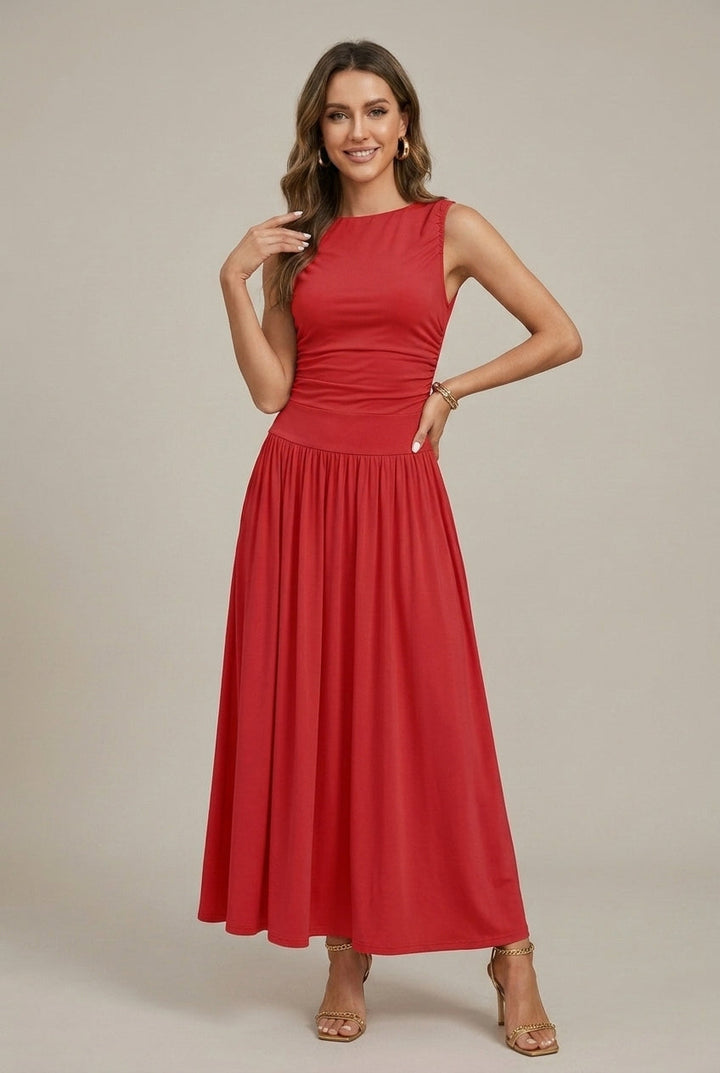 Mila - Women's Boat Neck Ruched Waist Maxi Dress