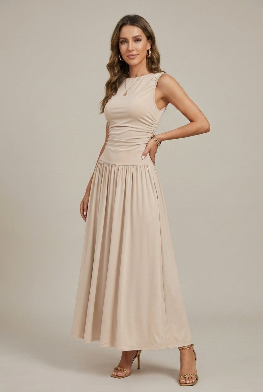 Mila - Women's Boat Neck Ruched Waist Maxi Dress