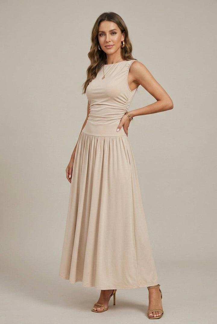 Mila - Women's Boat Neck Ruched Waist Maxi Dress