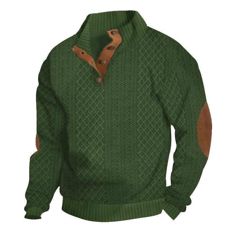 Beige cable knit sweater with leather elbow patches
