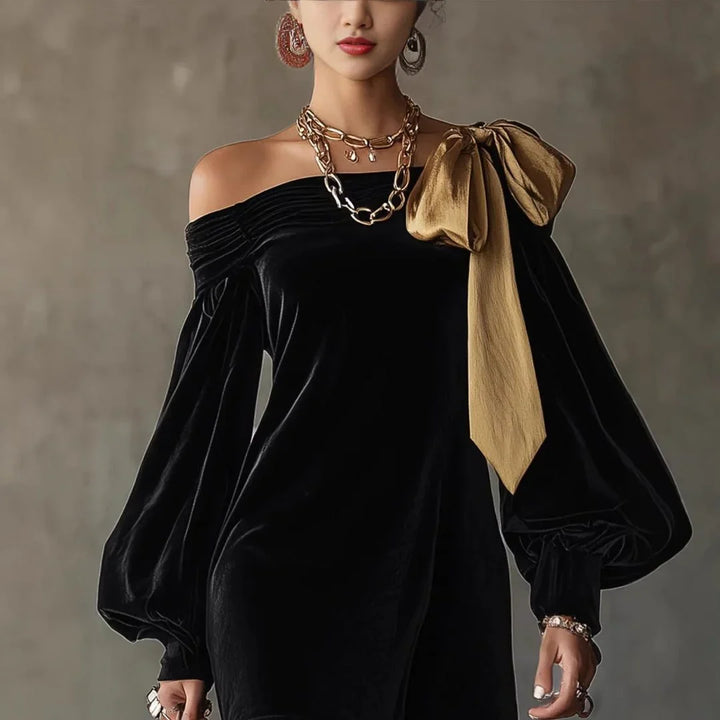 Women's Velvet Dress with Puff Sleeves and Bow Detail