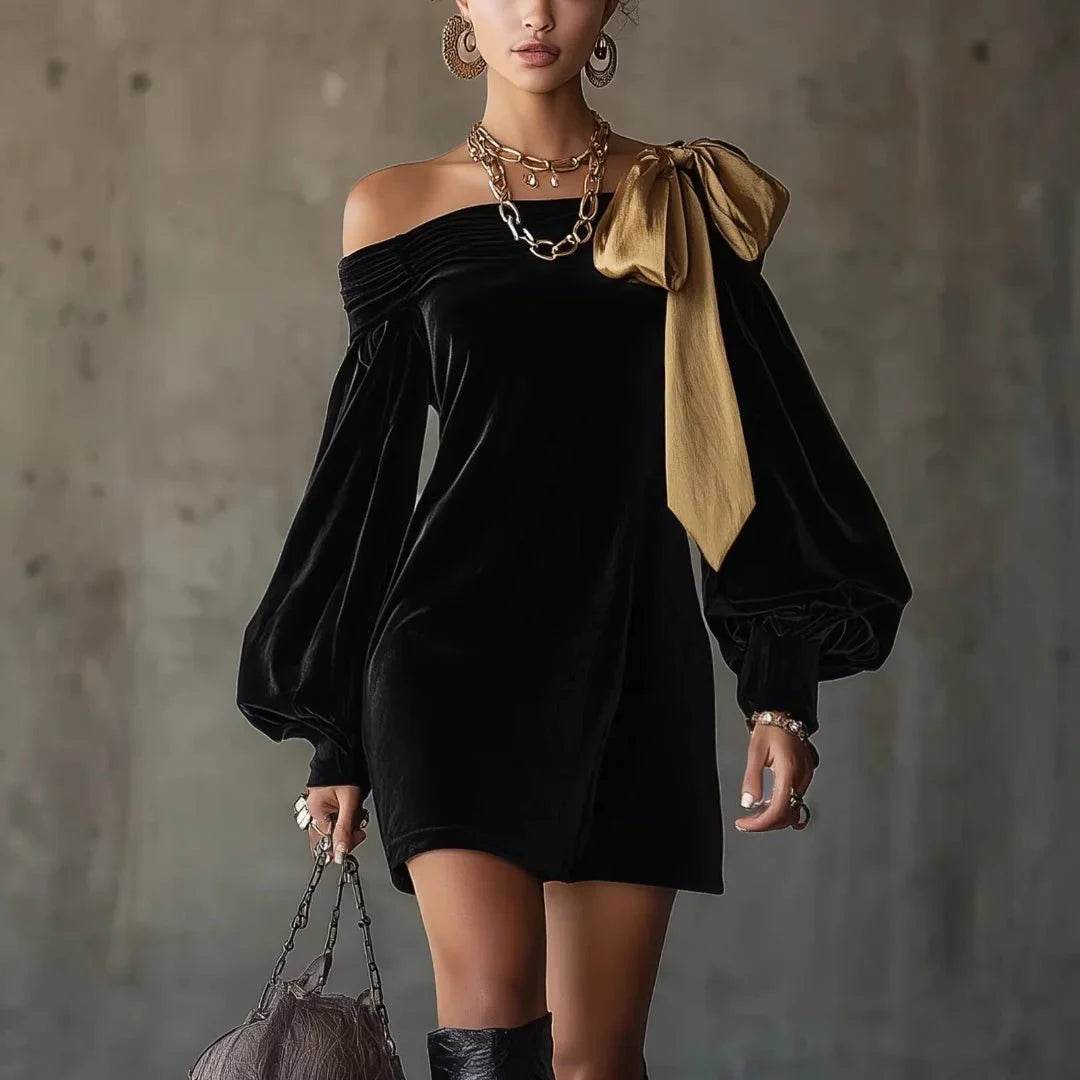 Women's Velvet Dress with Puff Sleeves and Bow Detail