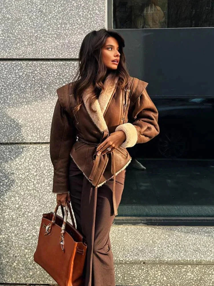 Women's Belted Collared Blazer with Shearling Look Lining - photo 3
