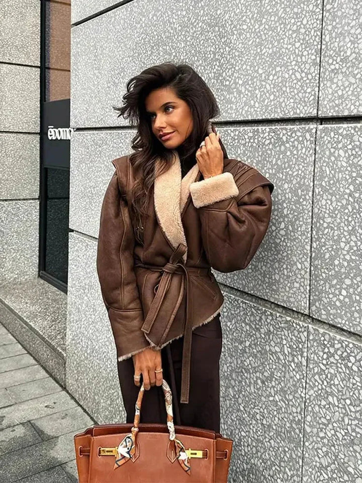 Women's Belted Collared Blazer with Shearling Look Lining - photo 4