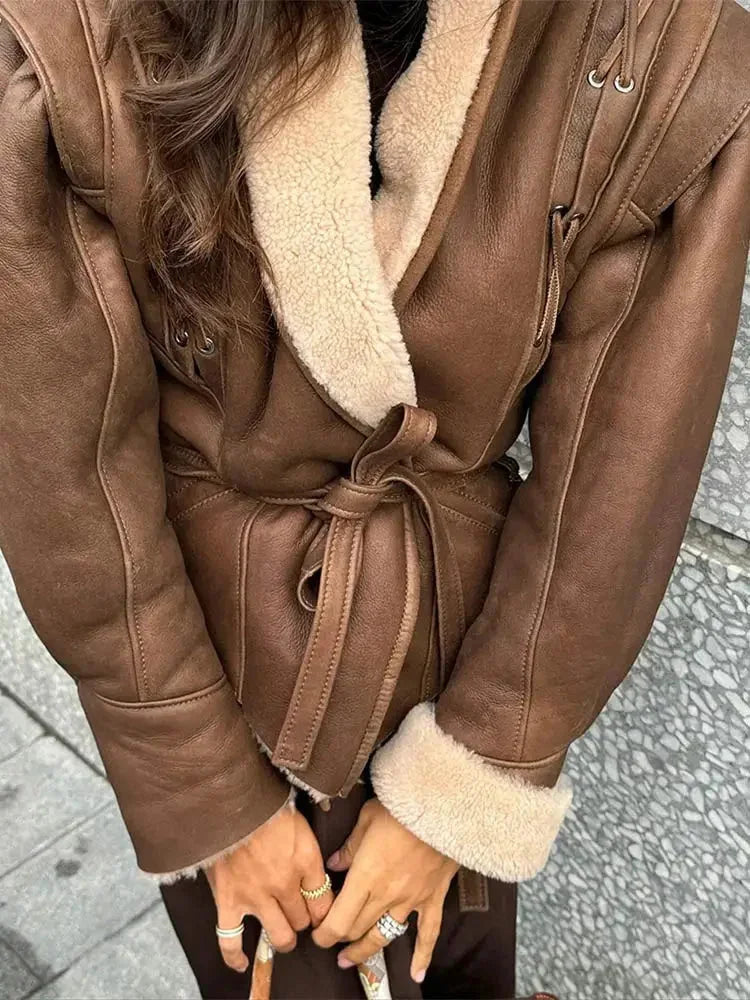 Women's Belted Collared Blazer with Shearling Look Lining - photo 5