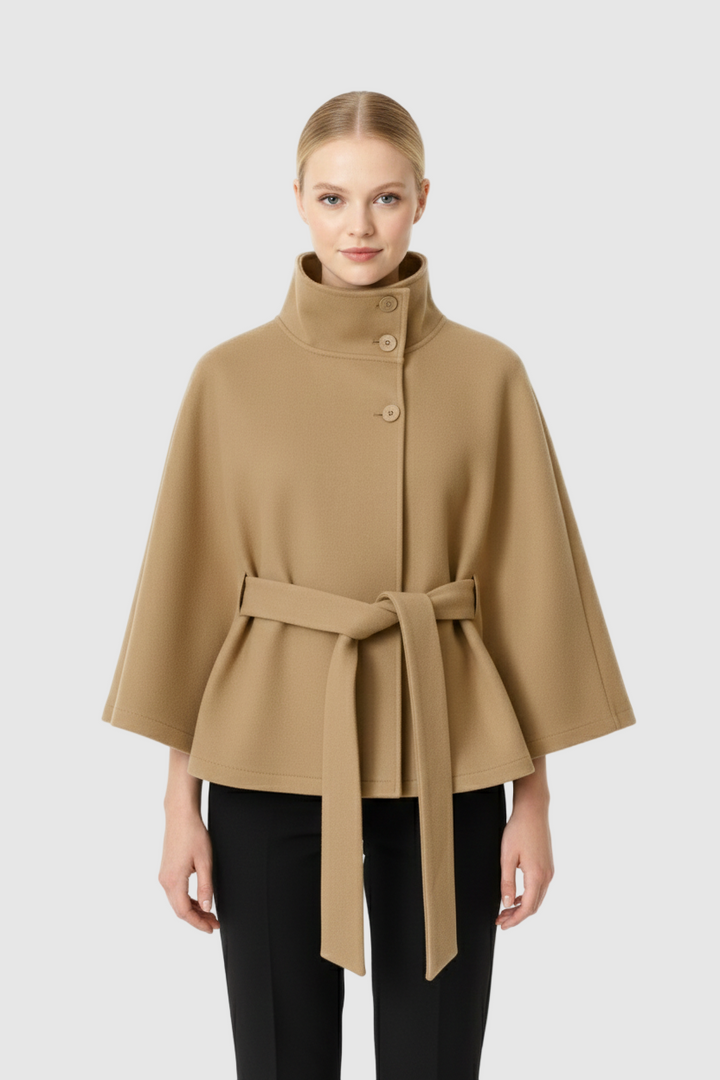 Women's Belted Wool Cape Coat with High Collar - photo 1