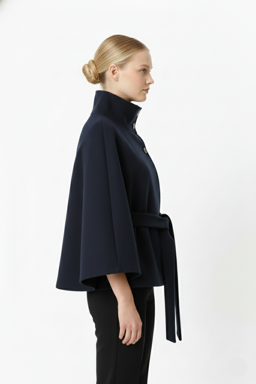 Women's Belted Wool Cape Coat with High Collar - photo 11