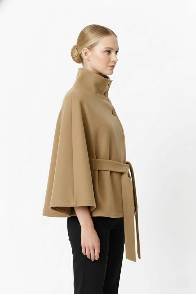 Women's Belted Wool Cape Coat with High Collar - photo 2