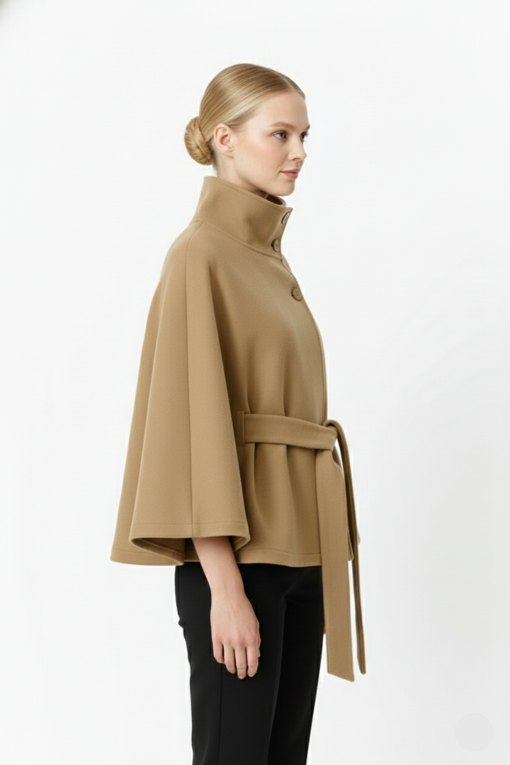 Women's Belted Wool Cape Coat with High Collar - photo 2
