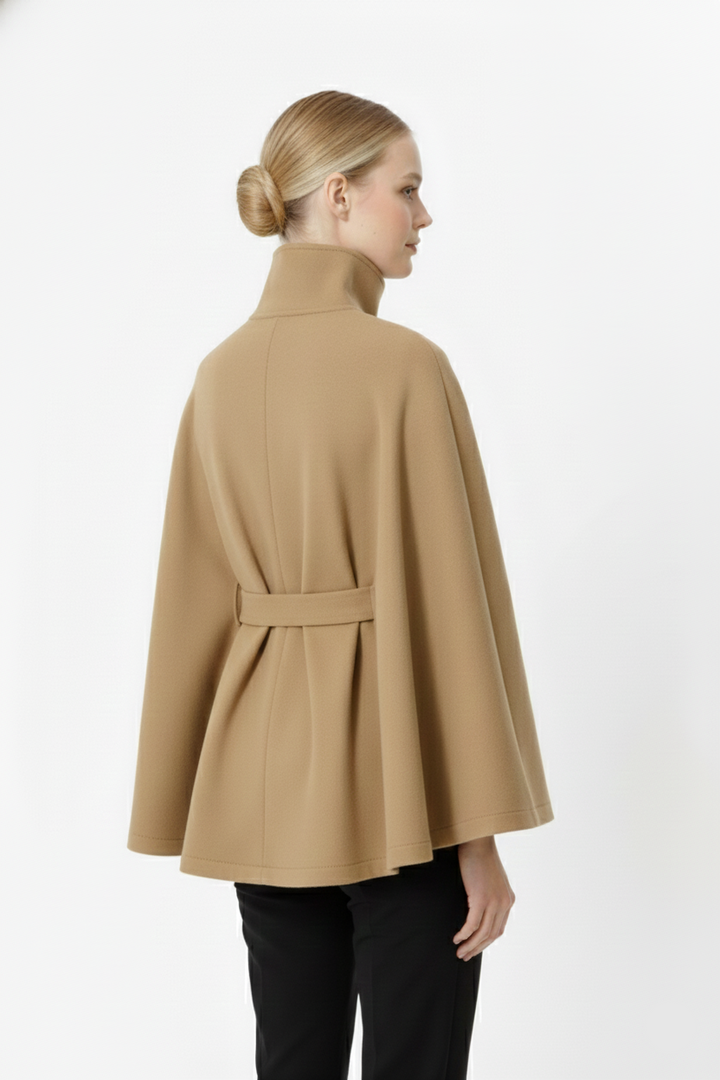 Women's Belted Wool Cape Coat with High Collar - photo 3