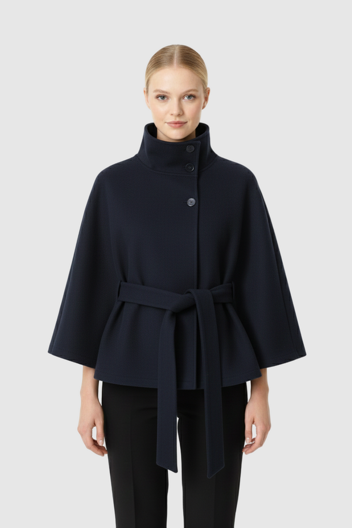 Women's Belted Wool Cape Coat with High Collar - photo 7