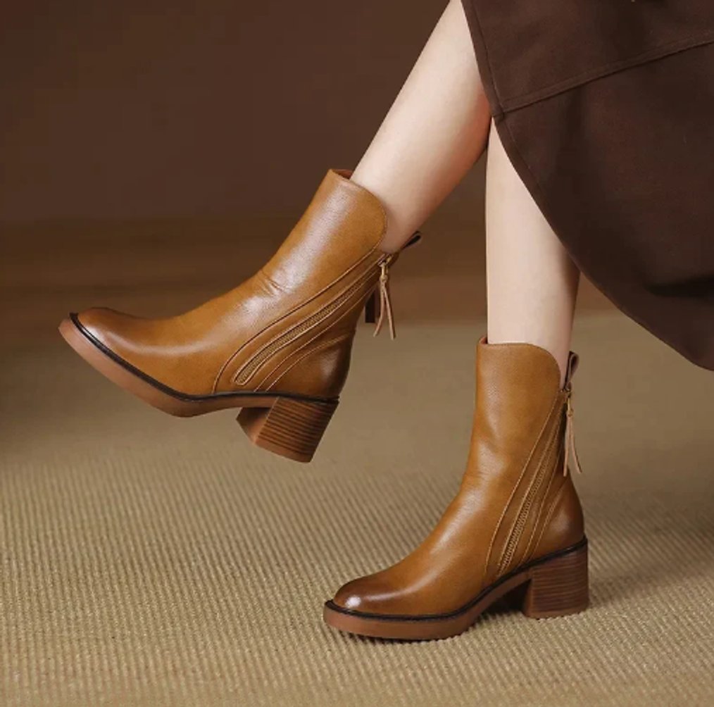 Women's Block-heel Side-zip Leather Ankle Boots - photo 1