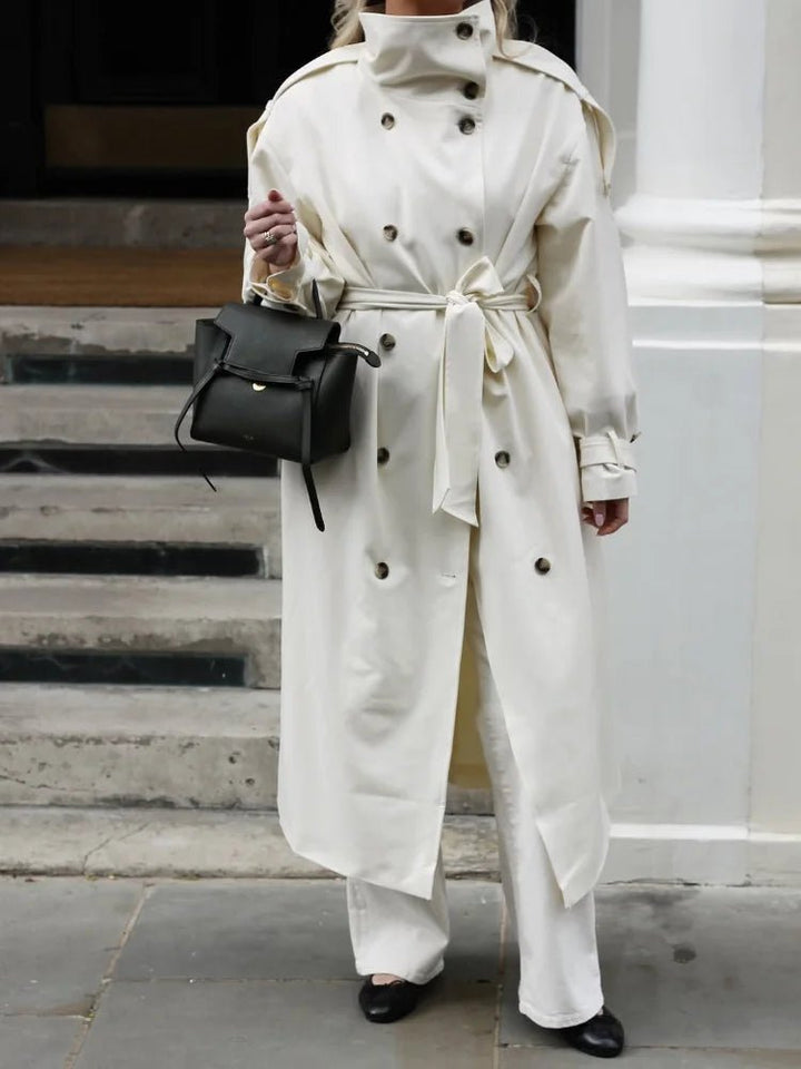 Women's Button-Front Belted Trench Coat with Long Sleeves - photo 2