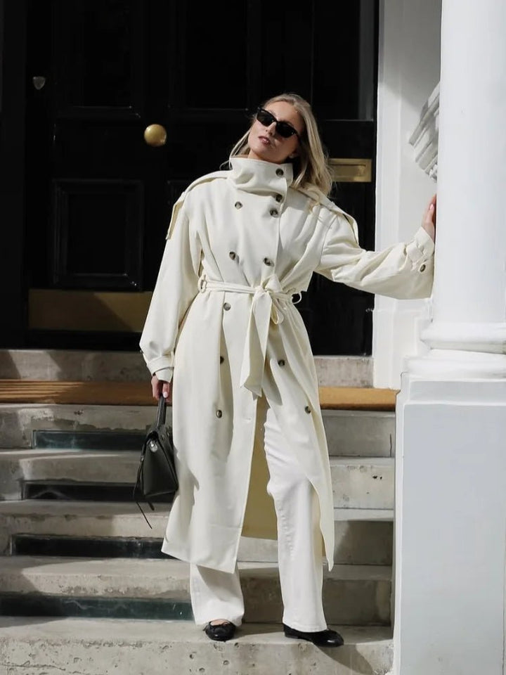 Women's Button-Front Belted Trench Coat with Long Sleeves - photo 3