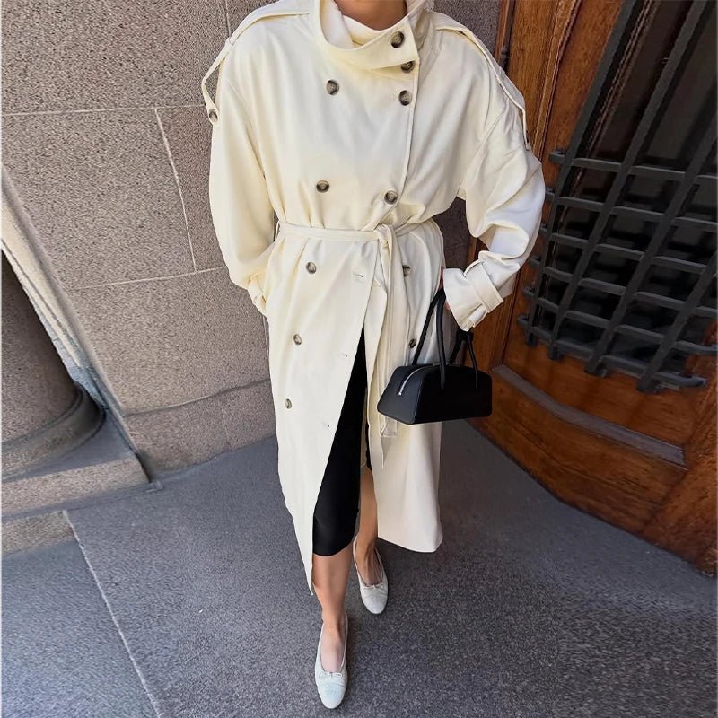 Women's Button-Front Belted Trench Coat with Long Sleeves - photo 5