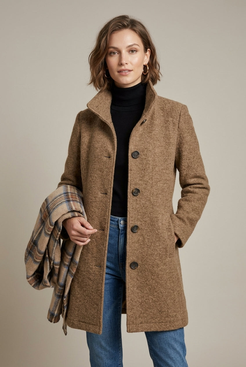 Women's Button-Front Collared Coat with Long Sleeves - photo 1