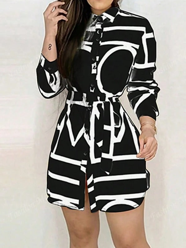 Women's Abstract Print Shirt Dress with Tie Belt - photo 8