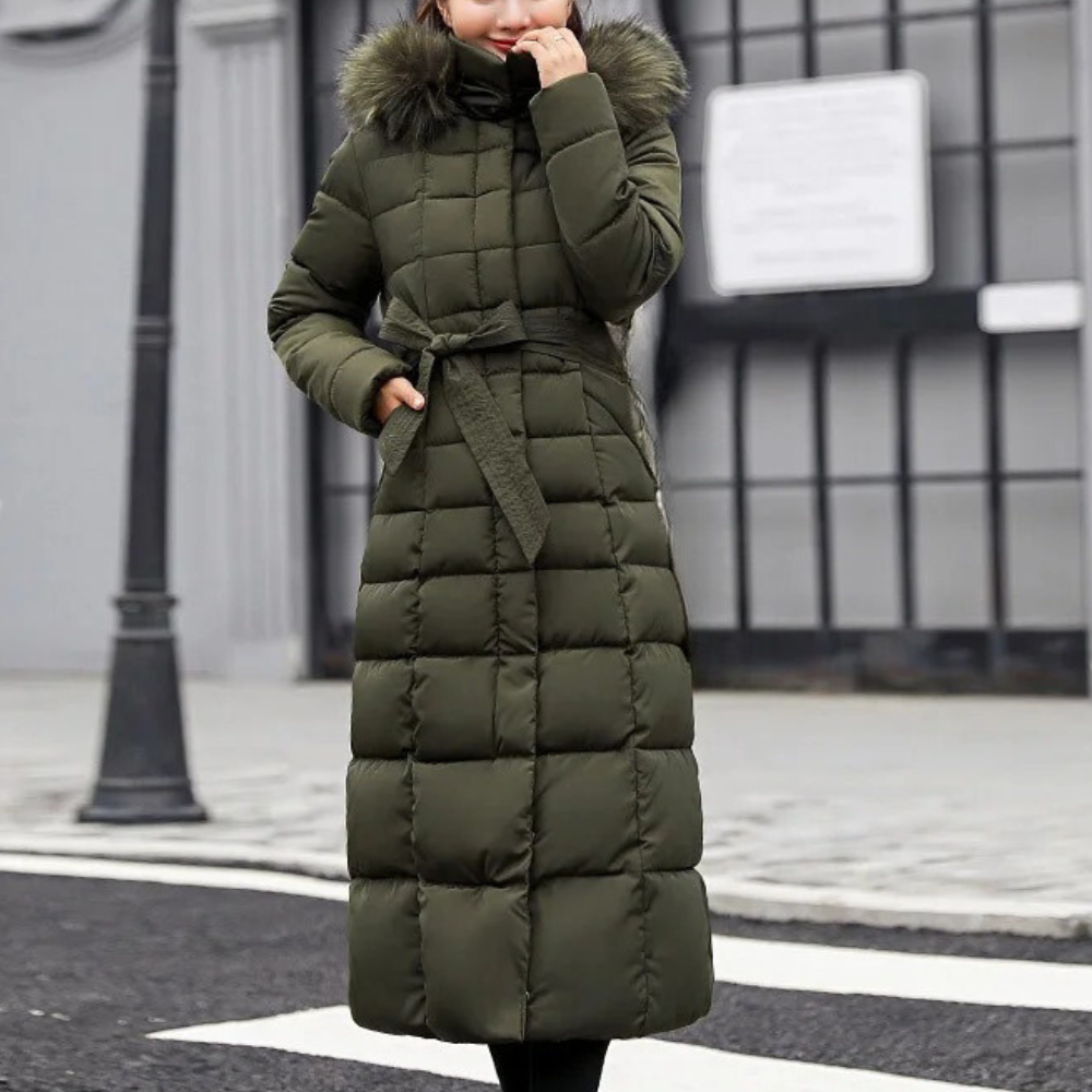 Women's Longline Quilted Coat with Belted Waist and Hood - photo 1