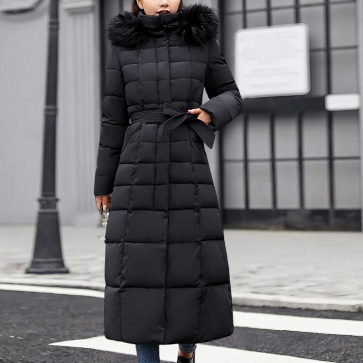 Women's Longline Quilted Coat with Belted Waist and Hood - photo 3