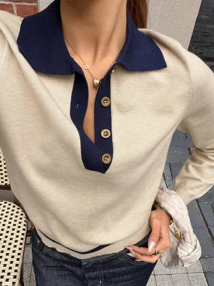 Women's Colour Block Knit Polo Top with Button Placket - photo 1