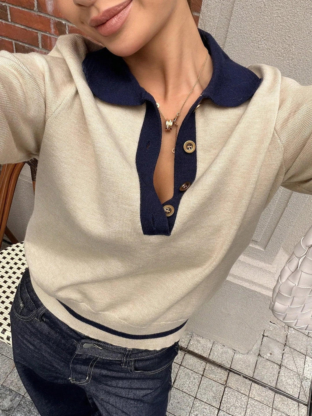 Women's Colour Block Knit Polo Top with Button Placket - photo 3